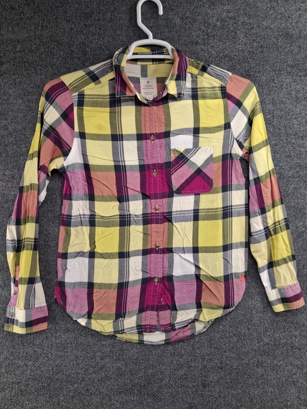 American Eagle Shirt Womens Small Vintage Boyfriend Fit Button Up Plaid